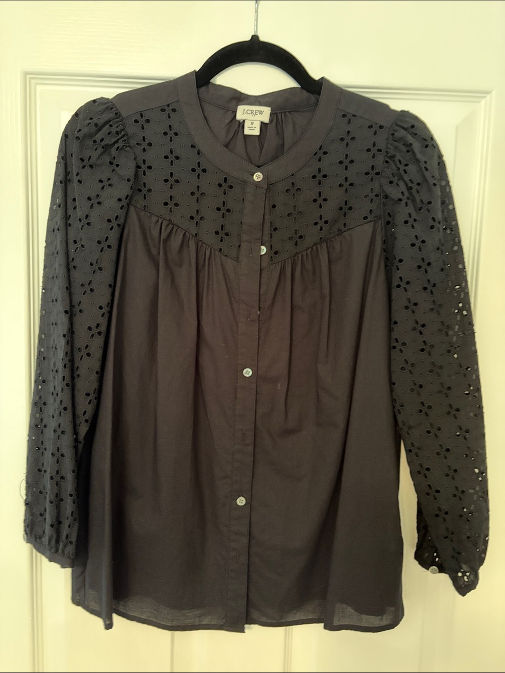 J. Crew Black Eyelet-Sleeve Button-Down Blouse